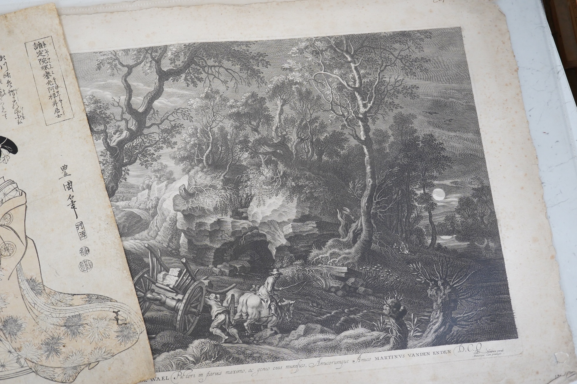 Two folios of engravings and watercolours to include two engravings after Peter Paul Rubens (1577-1640) and a Japanese woodblock print, 41 x 54cm. Condition - varies